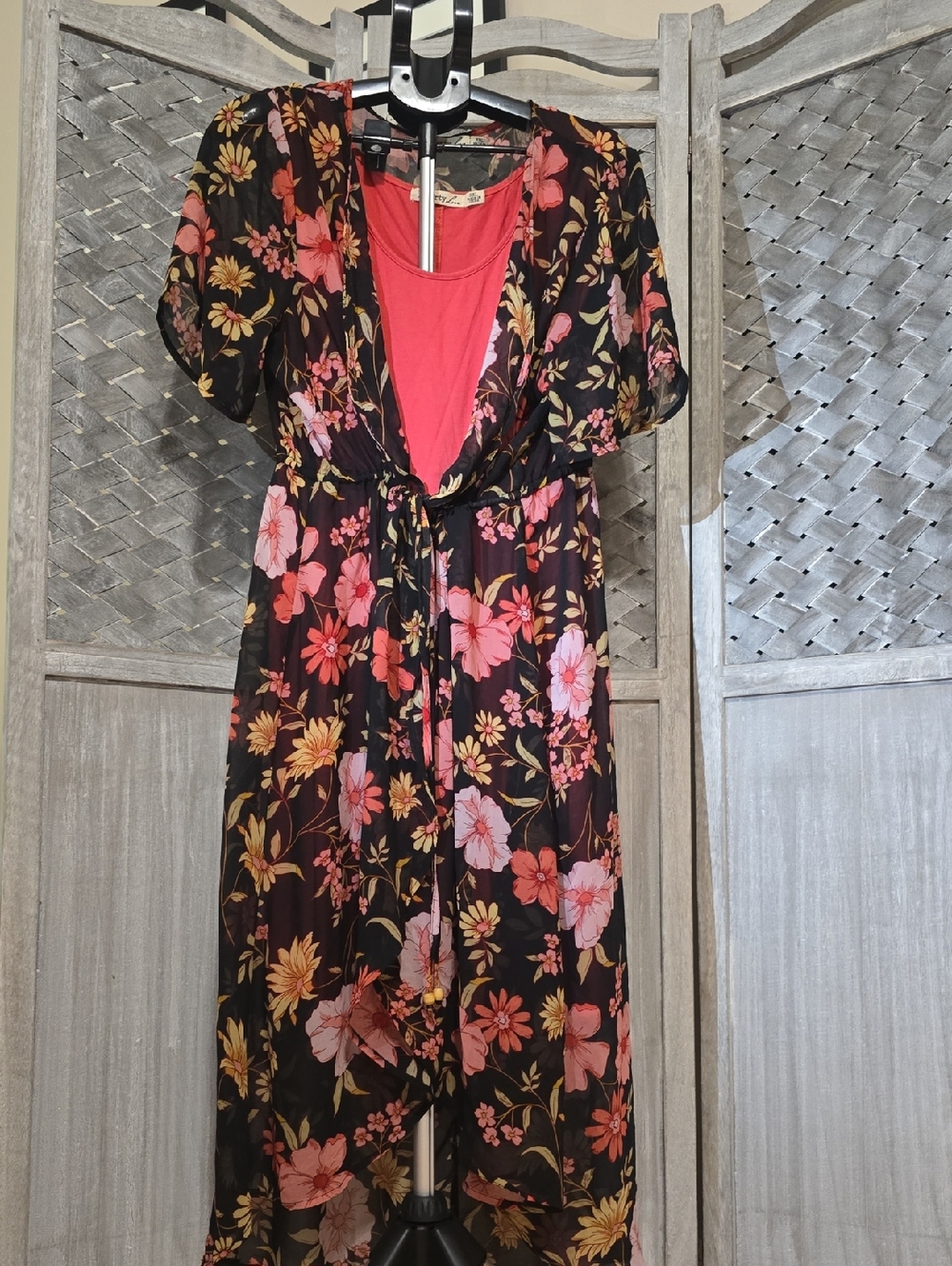 Liberty Love Black Floral Maxi with Pink Slip and Yellow Accents